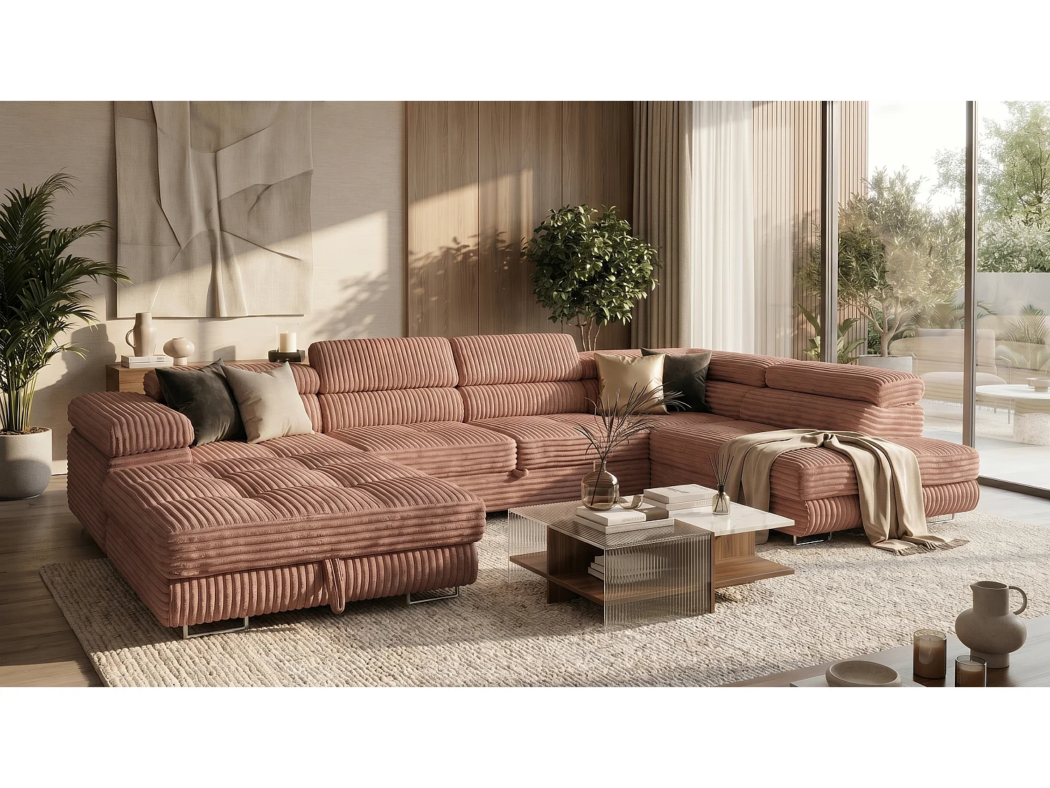 Wohnlandschaft mit Schlaffunktion und 2 Bettkästen terrakotta 345 cm - Cordo U