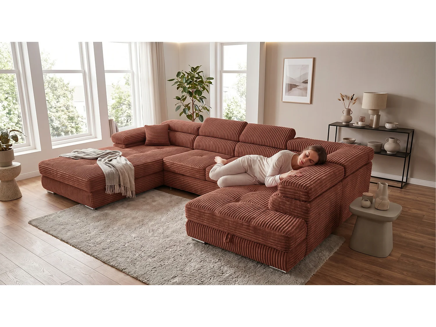 Wohnlandschaft mit Schlaffunktion und 2 Bettkästen terrakotta 345 cm - Cordo U