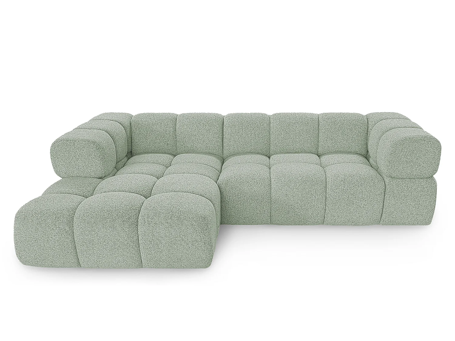 Canapé d'angle gauche capitonné en tissu bouclé vert amande 280 cm - AVERRO