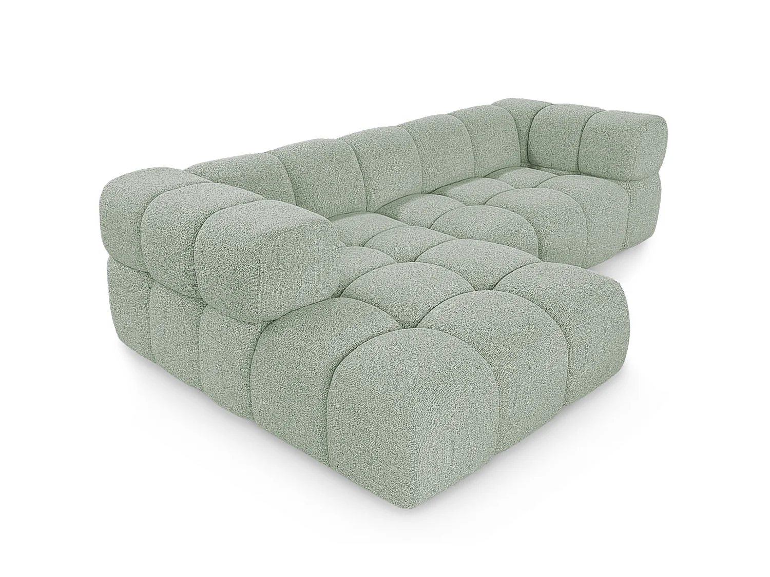 Canapé d'angle gauche capitonné en tissu bouclé vert amande 280 cm - AVERRO