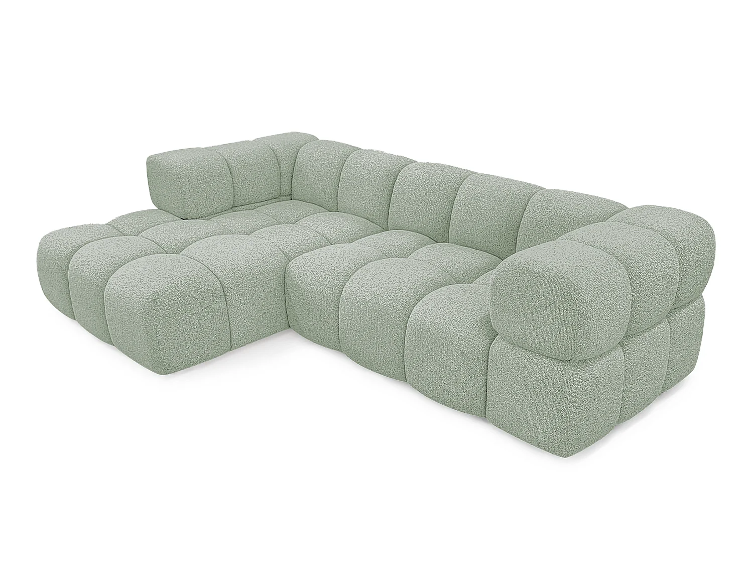 Canapé d'angle gauche capitonné en tissu bouclé vert amande 280 cm - AVERRO