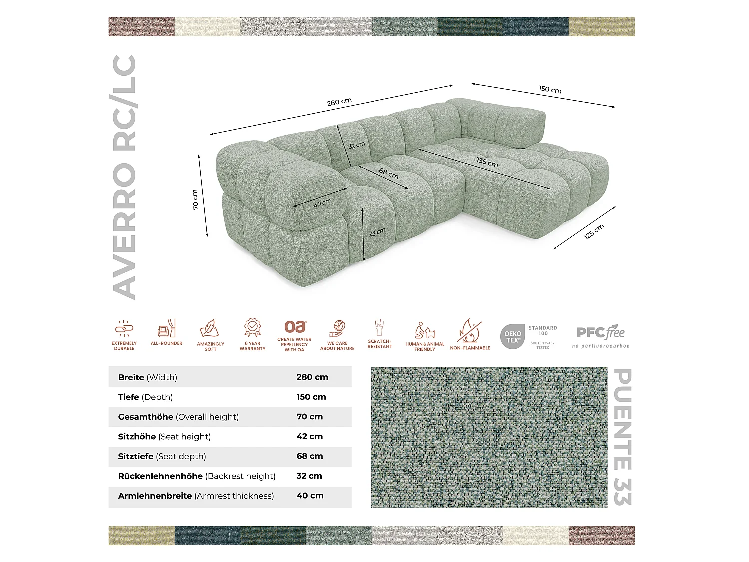 Canapé d'angle gauche capitonné en tissu bouclé vert amande 280 cm - AVERRO