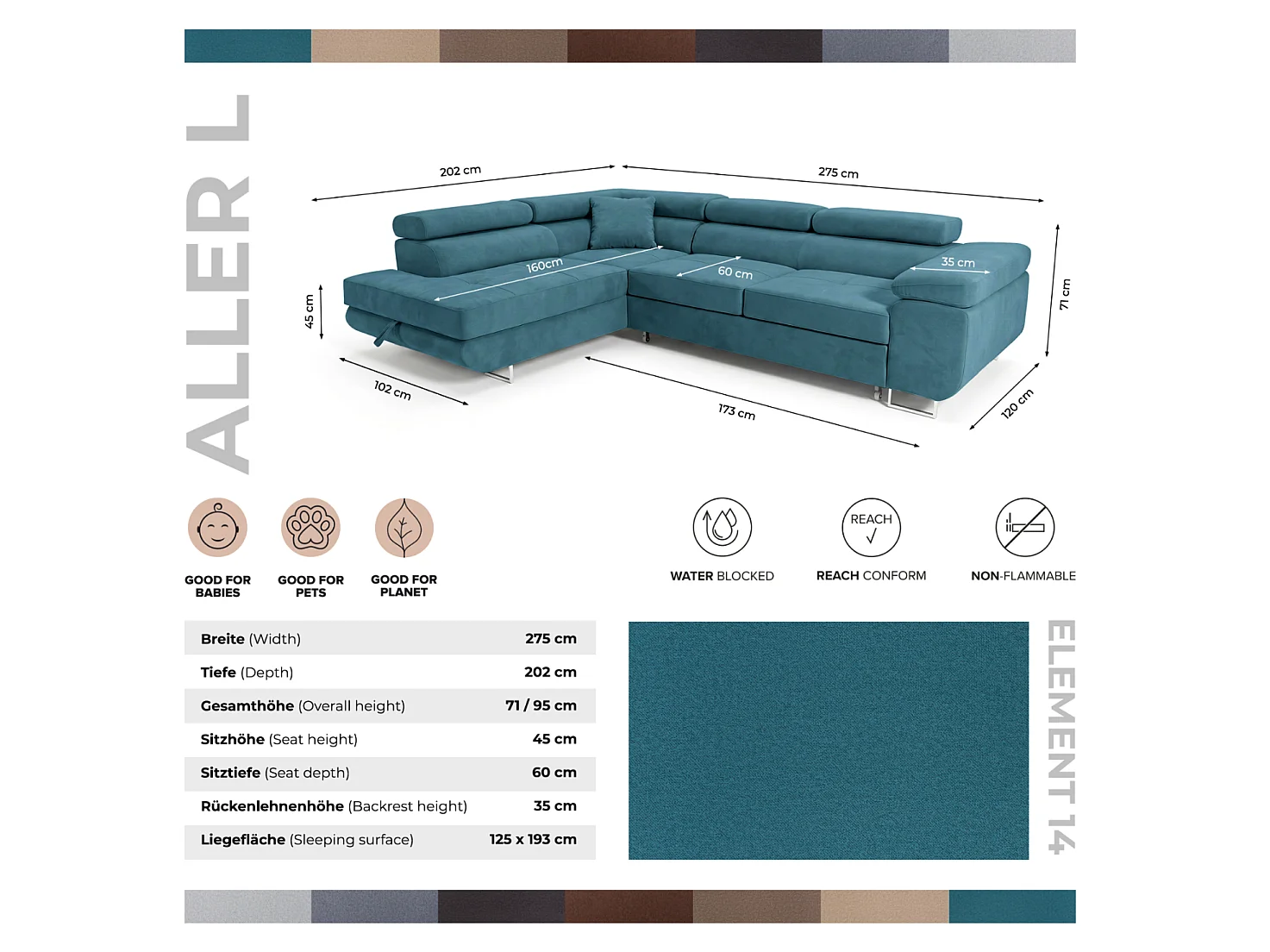 Canapé d'angle convertible 5 places avec rangement en velours turquoise LUCA