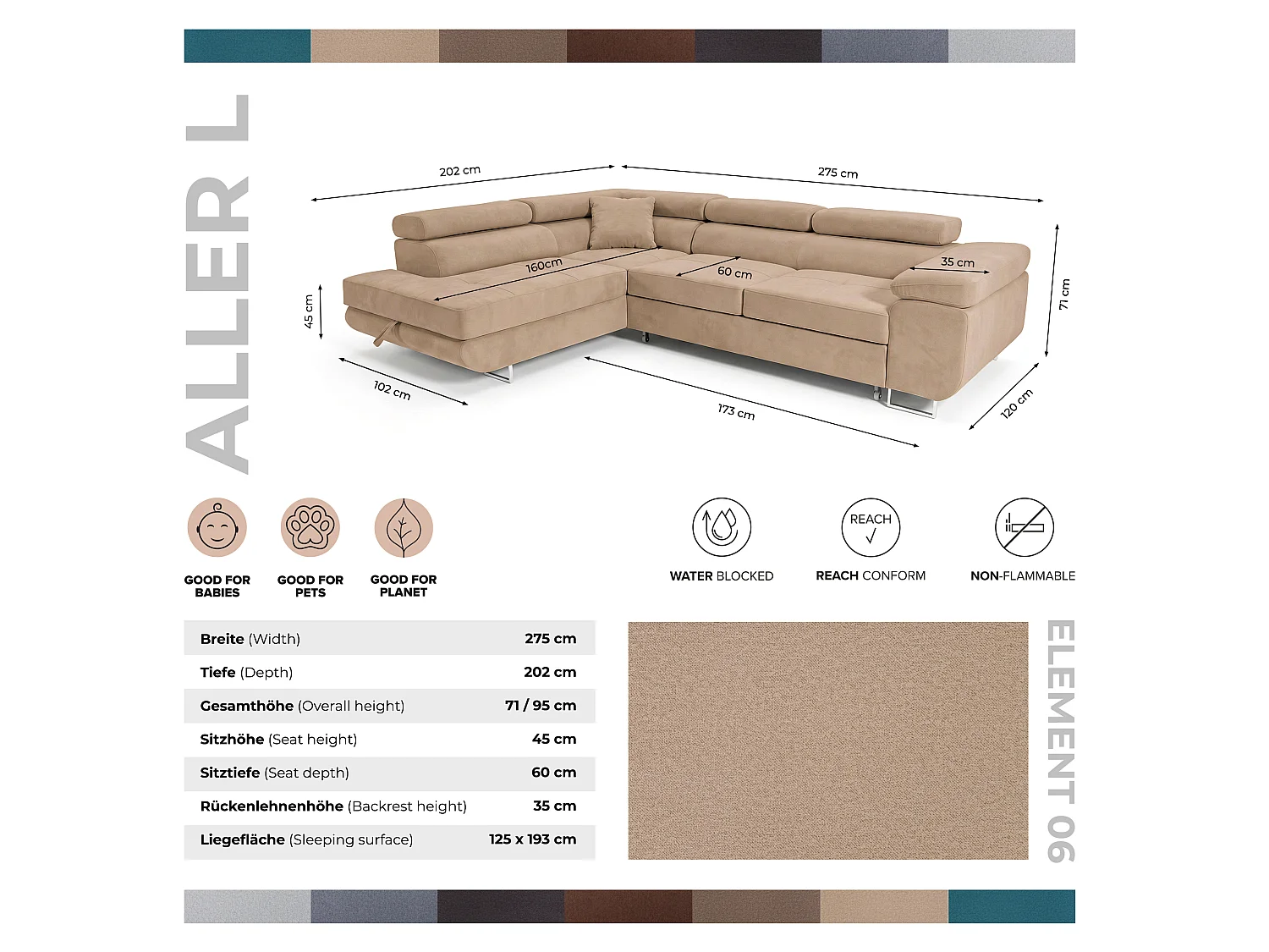 Ecksofa L-Form rechts mit Schlaffunktion beige 272 cm - Luca