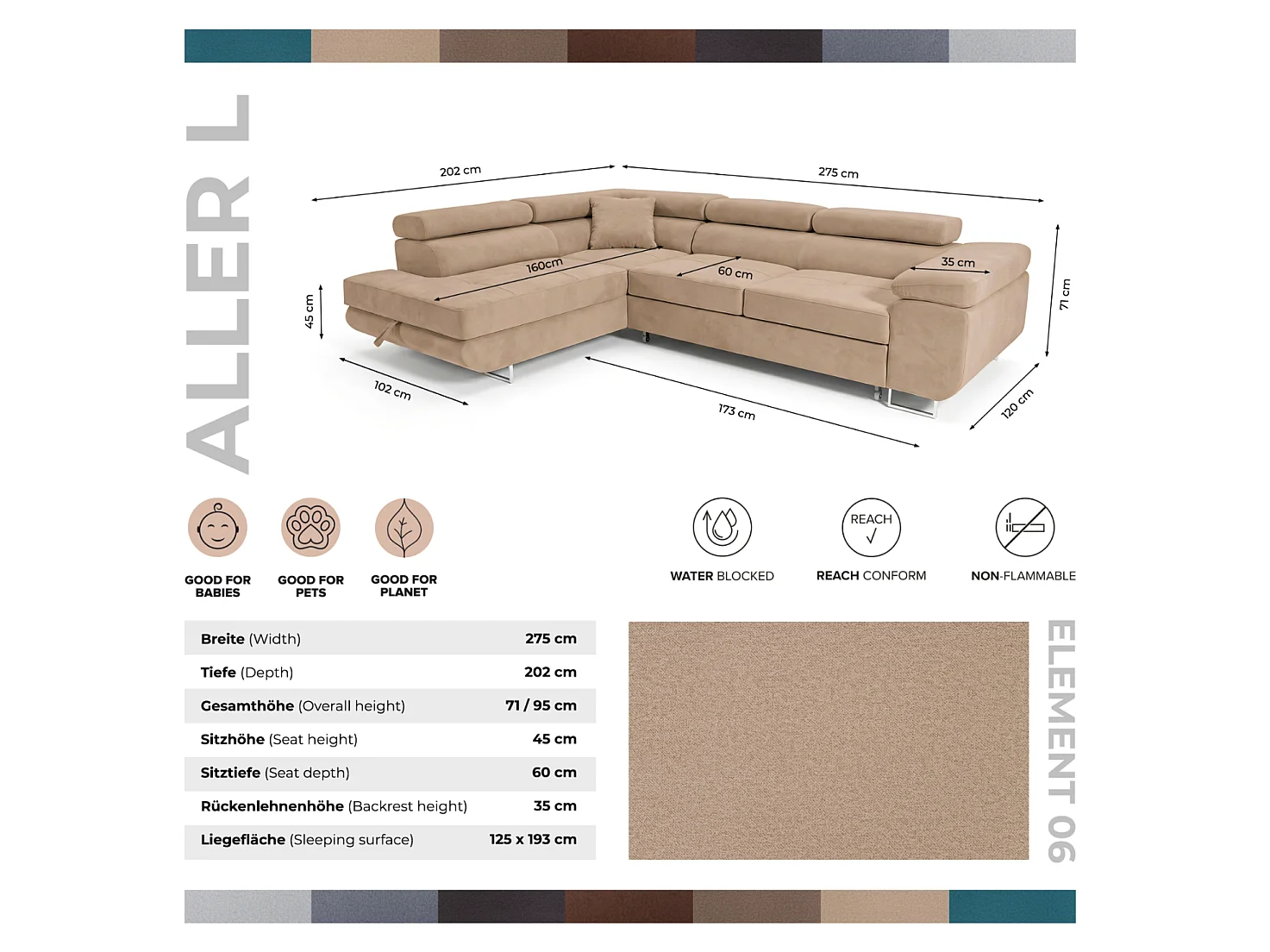 Canapé d'angle convertible 5 places avec rangement en tissu beige foncé DETROIT