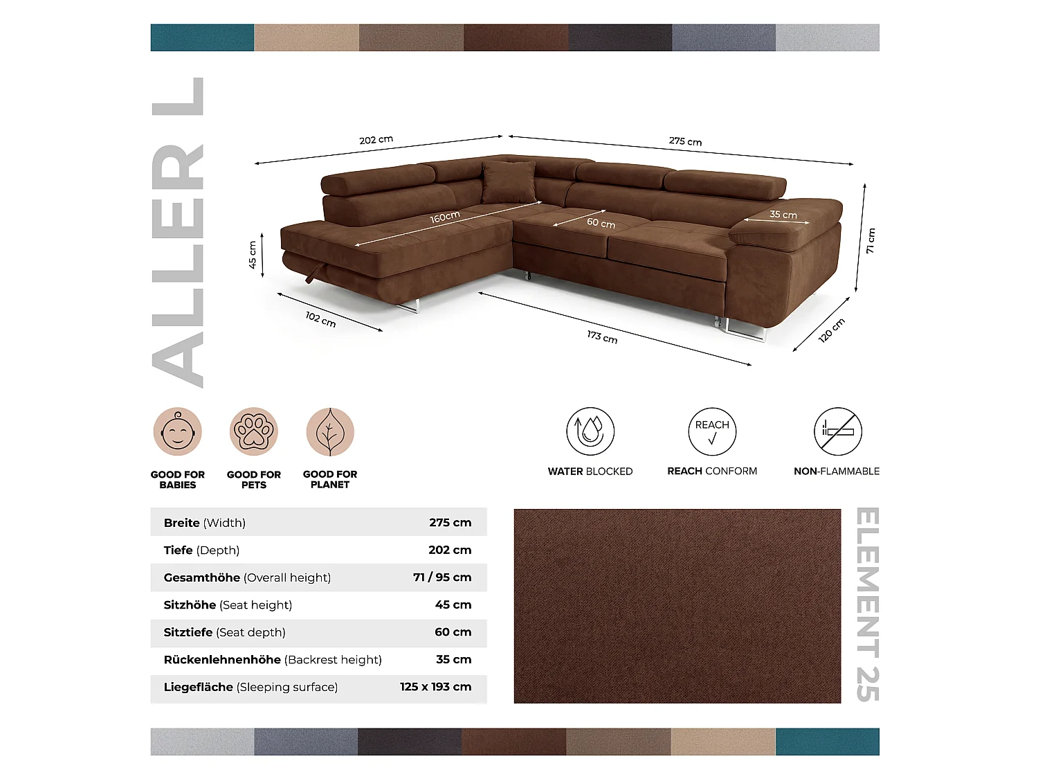 Ecksofa L-Form rechts mit Schlaffunktion dunkelbraun 272 cm - Luca