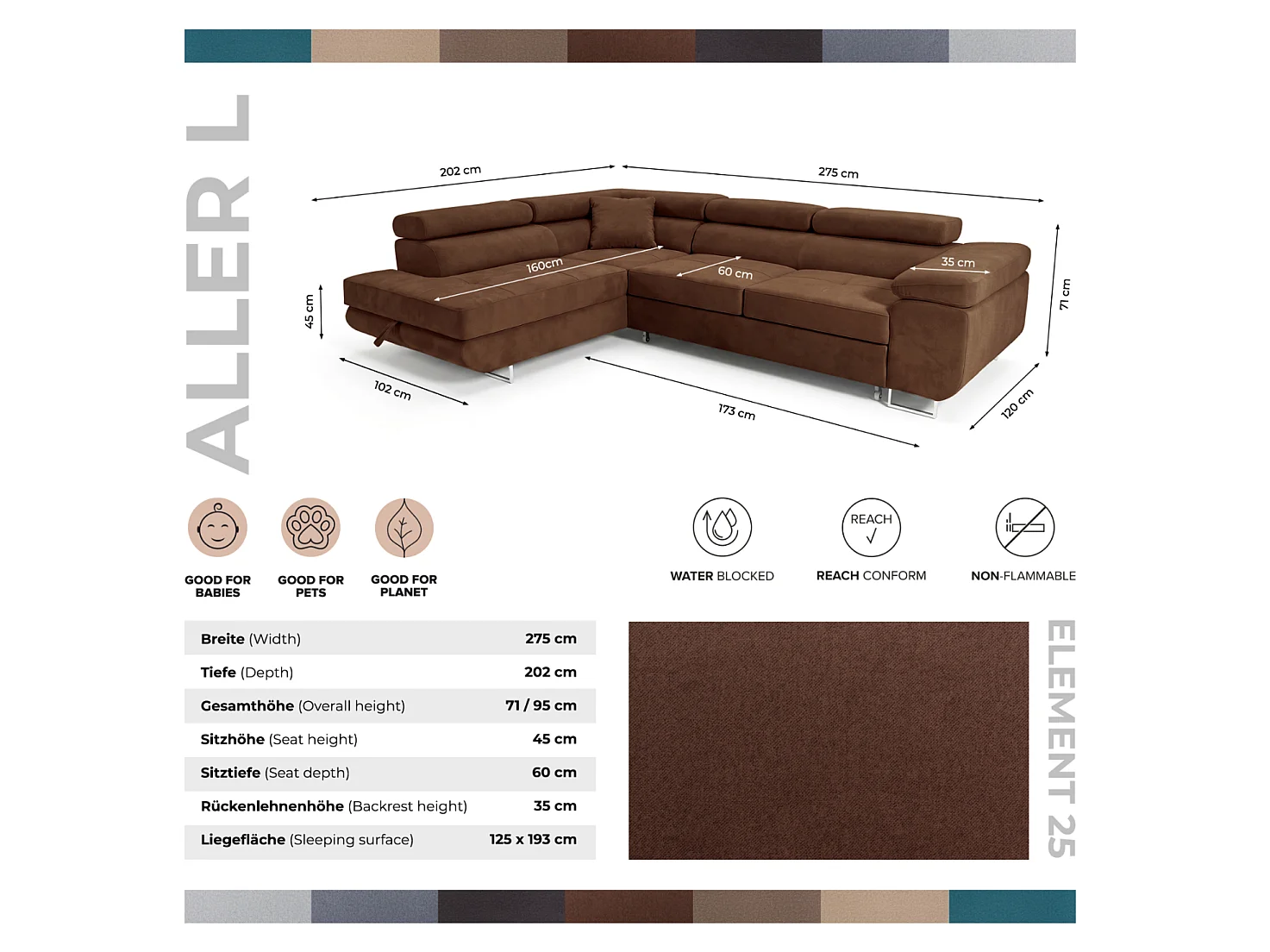 Canapé d'angle convertible 5 places avec rangement en velours marron foncé LUCA