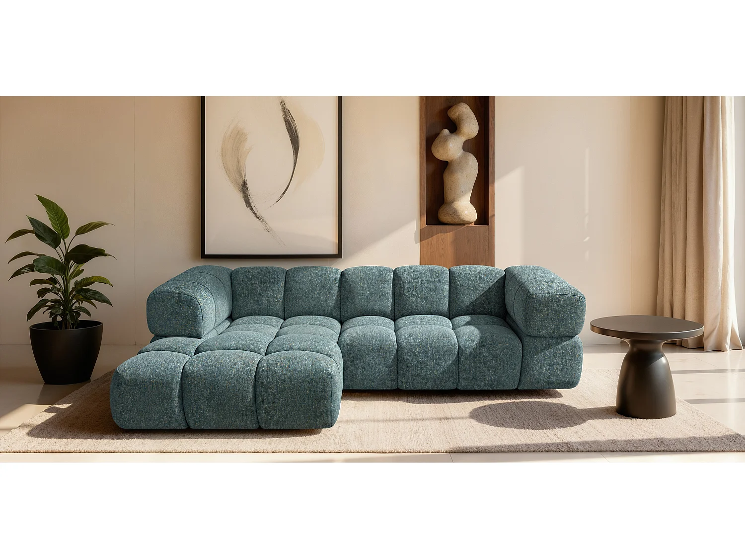 Canapé d'angle gauche capitonné en tissu bouclé vert 280 cm - AVERRO