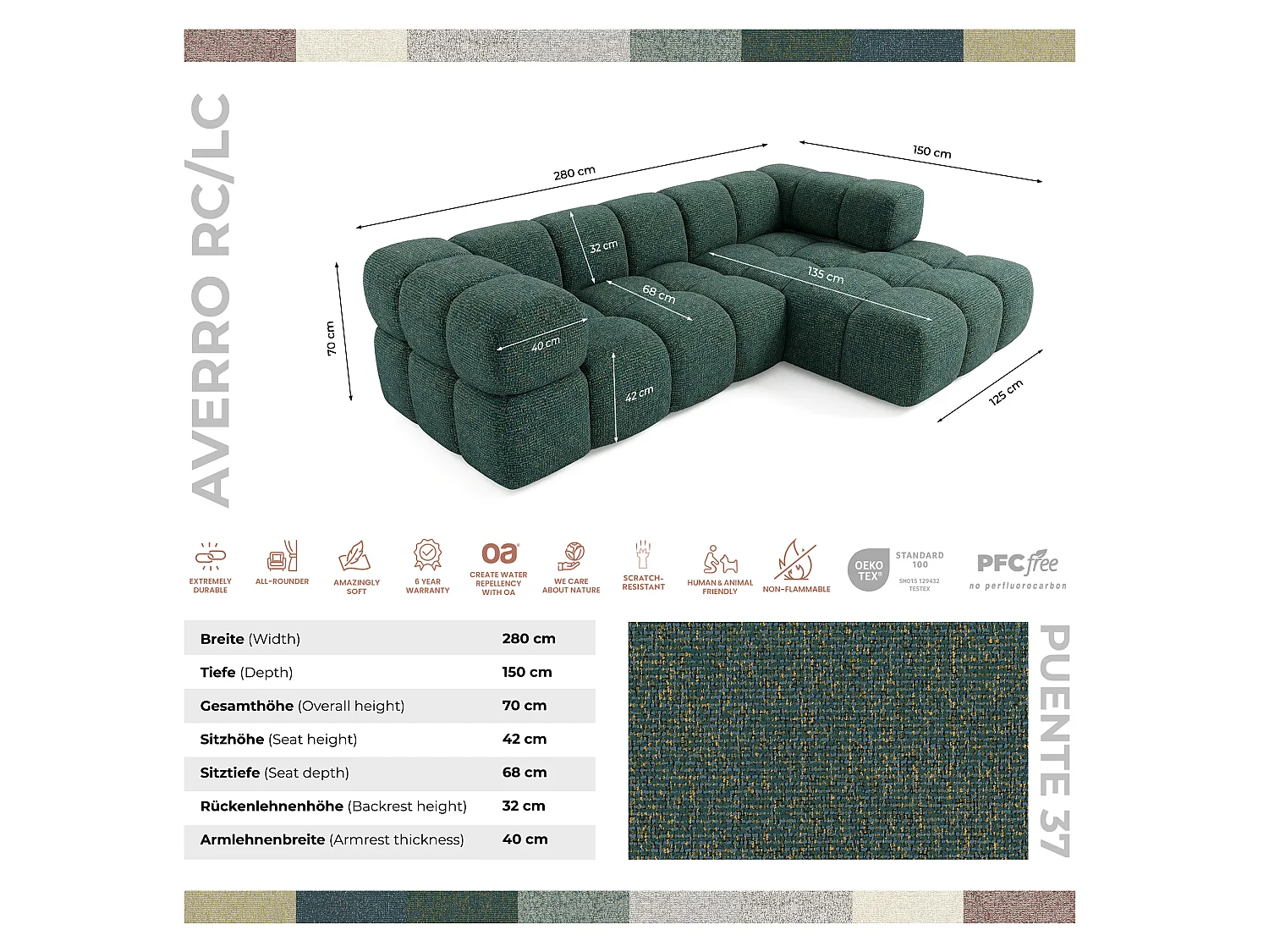 Canapé d'angle gauche capitonné en tissu bouclé vert 280 cm - AVERRO
