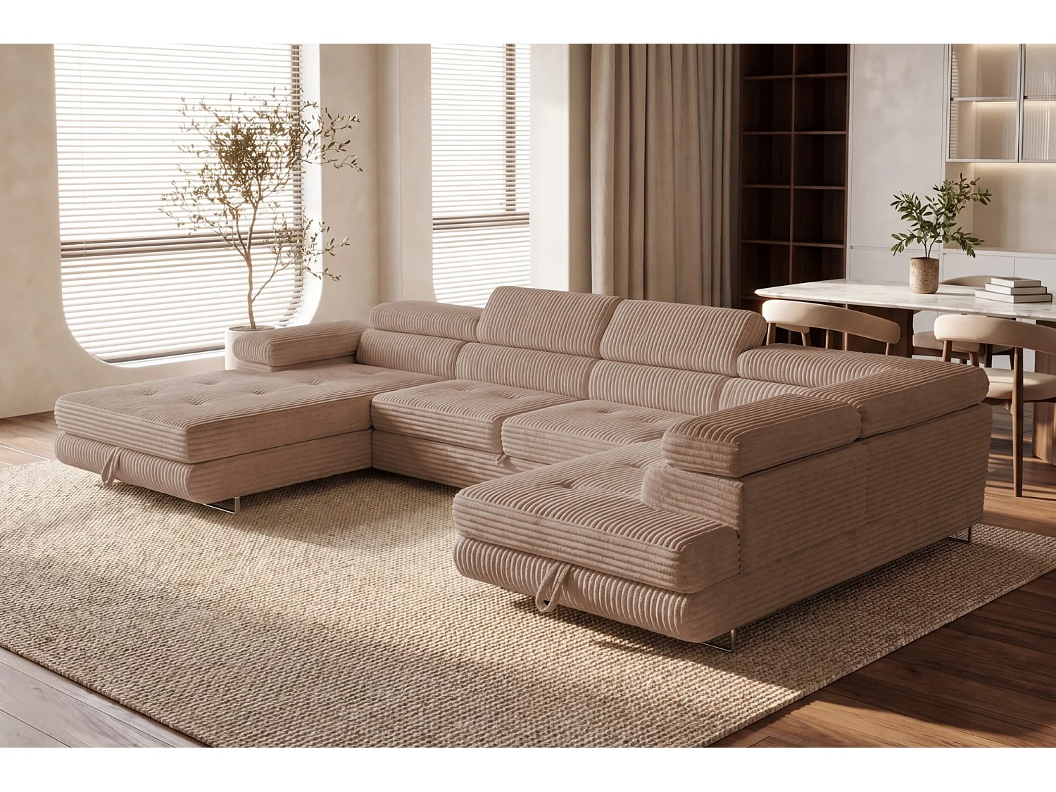 Wohnlandschaft mit Schlaffunktion und 2 Bettkästen beige 345 cm - Cordo U