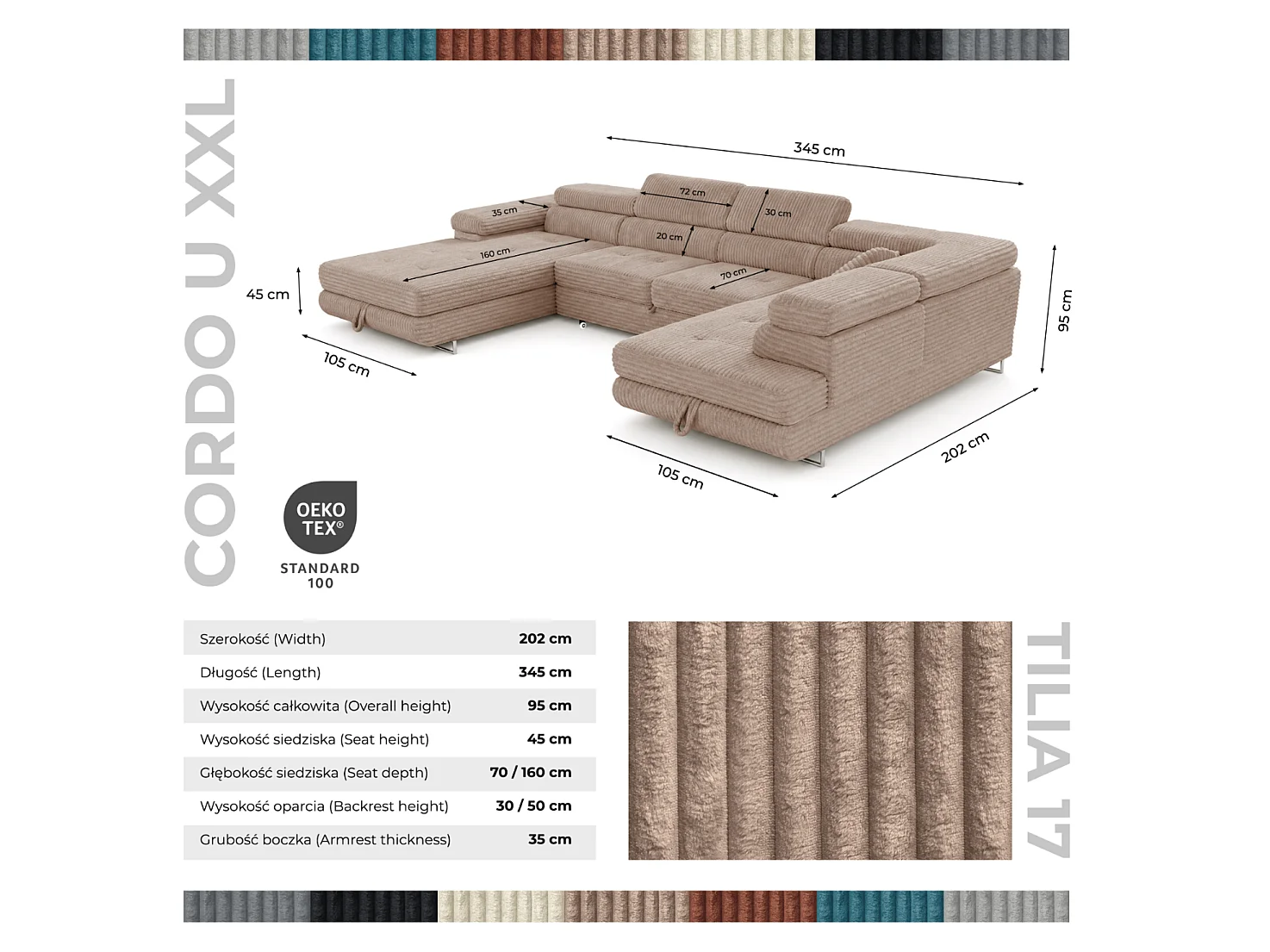 Wohnlandschaft mit Schlaffunktion und 2 Bettkästen beige 345 cm - Cordo U
