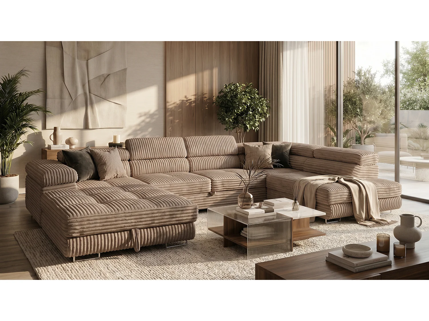 Wohnlandschaft mit Schlaffunktion und 2 Bettkästen beige 345 cm - Cordo U