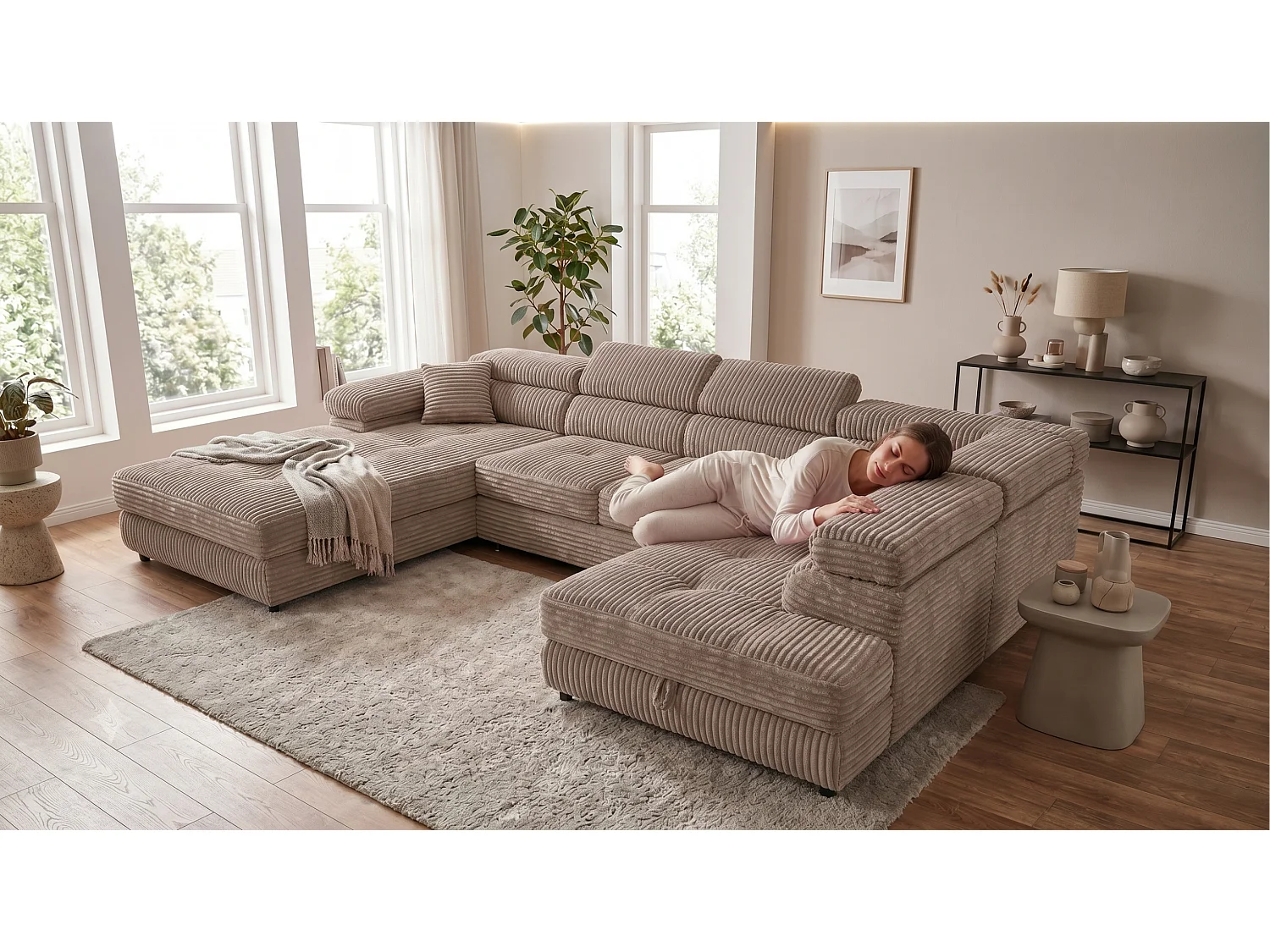 Wohnlandschaft mit Schlaffunktion und 2 Bettkästen beige 345 cm - Cordo U