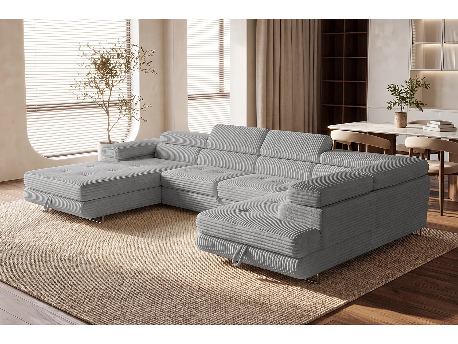 Wohnlandschaft mit Schlaffunktion und 2 Bettkästen hellgrau 345 cm - Cordo U