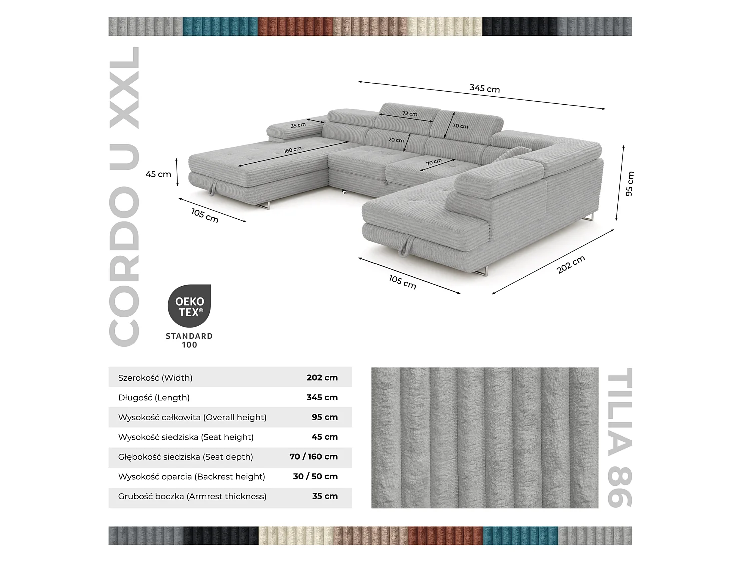 Wohnlandschaft mit Schlaffunktion und 2 Bettkästen hellgrau 345 cm - Cordo U