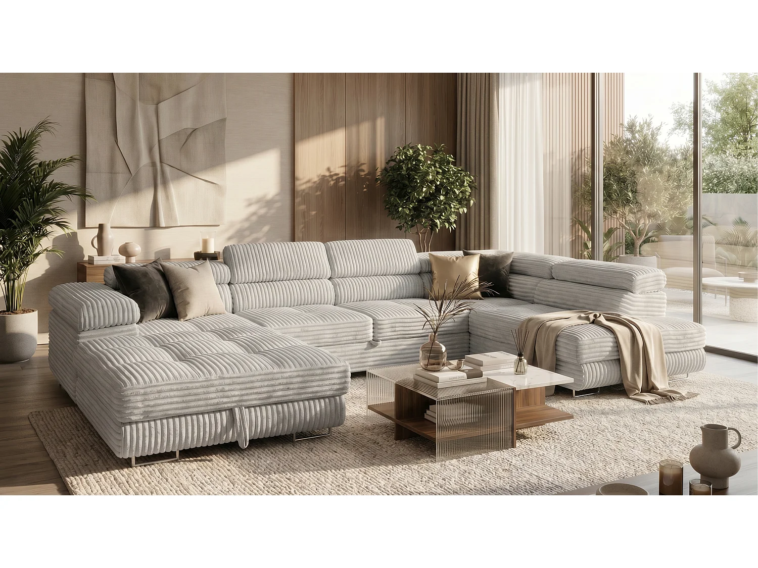 Wohnlandschaft mit Schlaffunktion und 2 Bettkästen hellgrau 345 cm - Cordo U