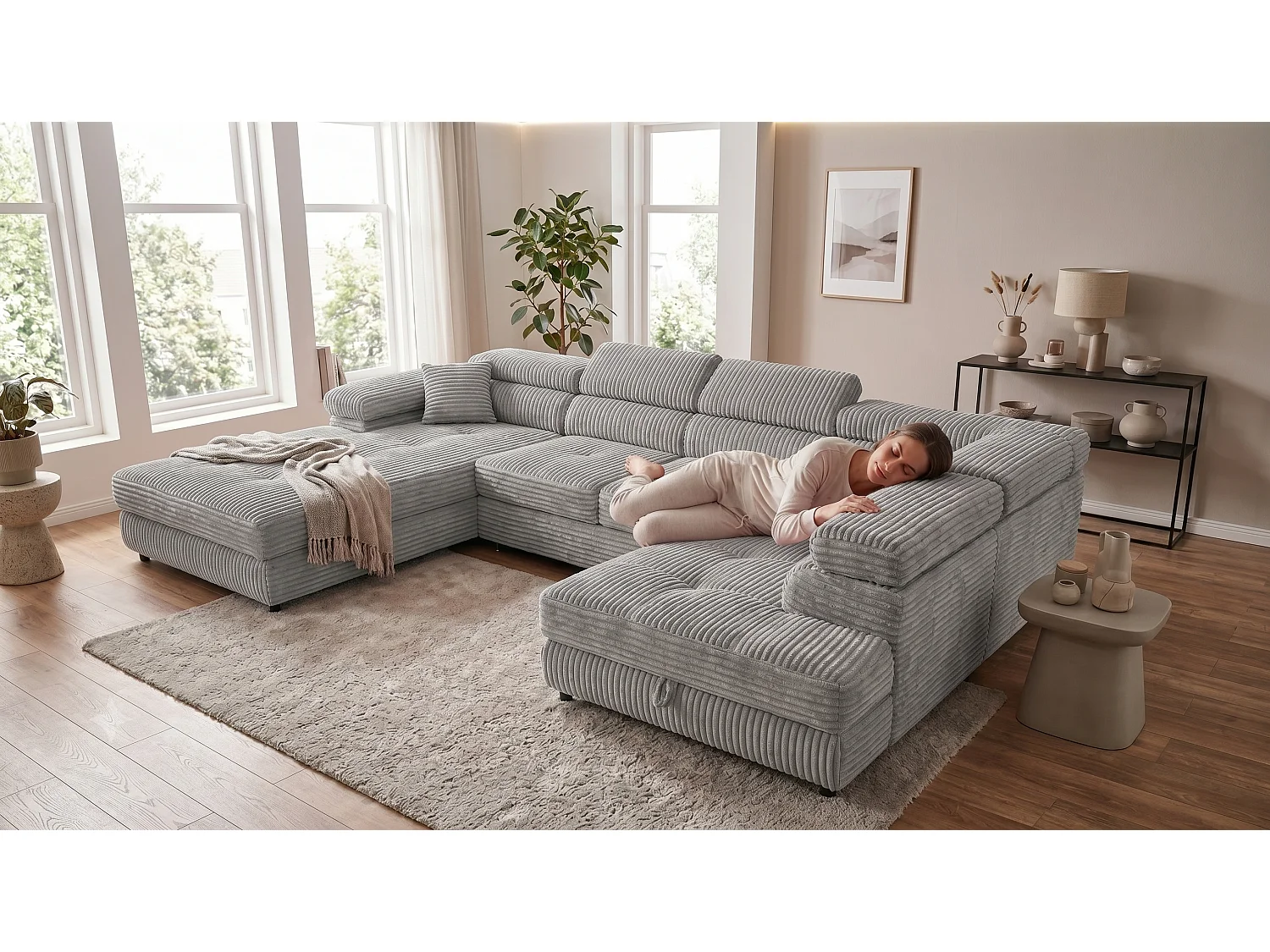 Wohnlandschaft mit Schlaffunktion und 2 Bettkästen hellgrau 345 cm - Cordo U