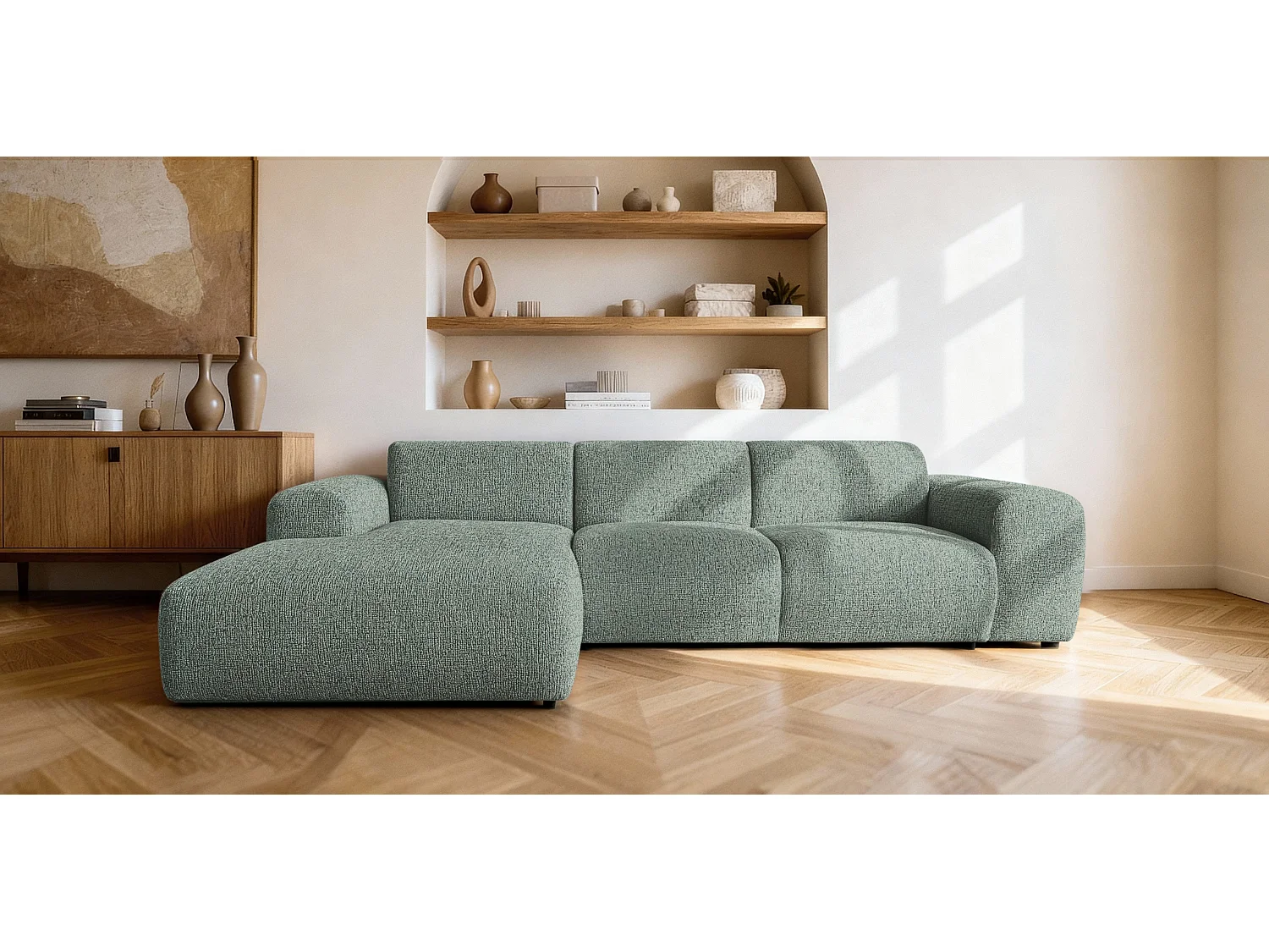 Canapé d'angle gauche en tissu bouclé vert amande 310 cm - GIN