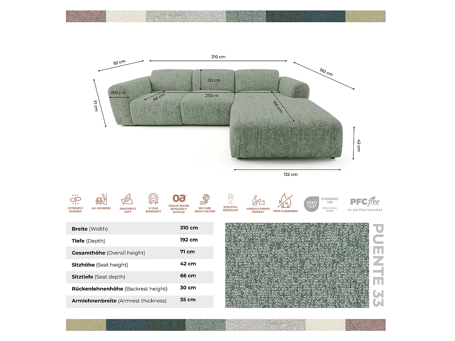 Canapé d'angle gauche en tissu bouclé vert amande 310 cm - GIN