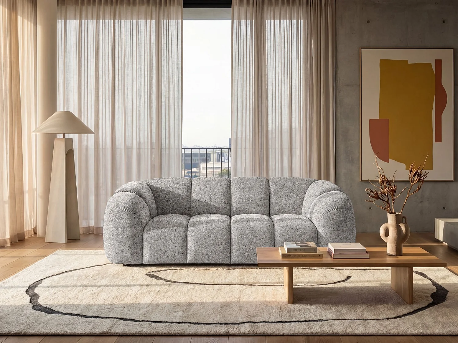 Canapé 3 places capitonné en tissu bouclé gris clair 240 cm - MALI 3S