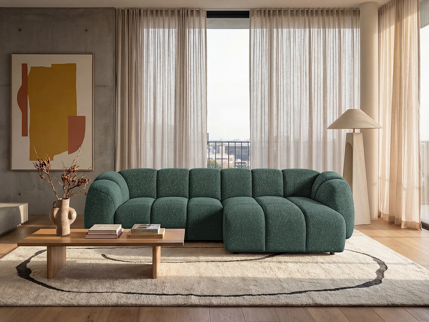 Canapé d'angle droit tissu bouclé vert 280 cm - Mali Design
