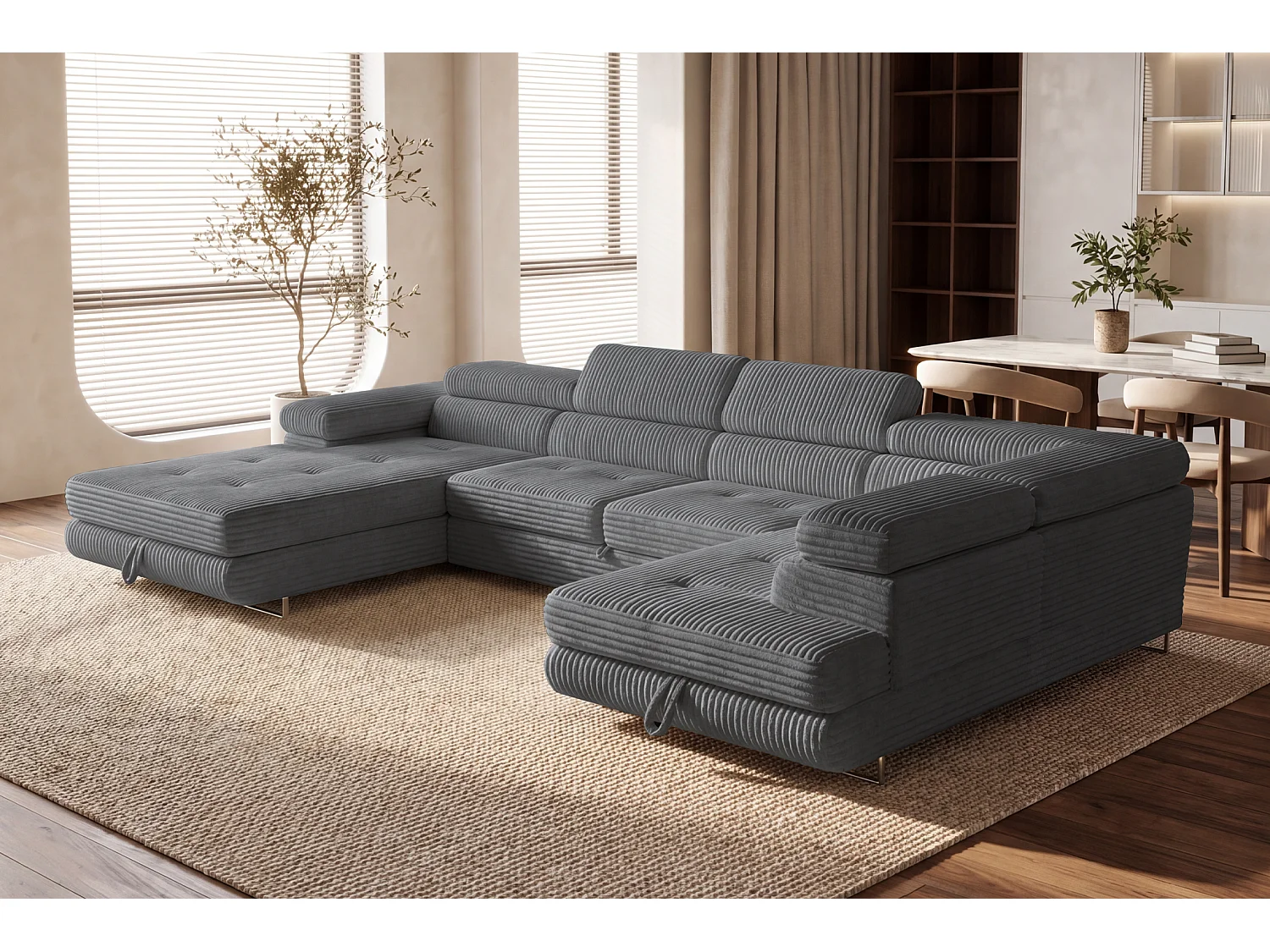 Wohnlandschaft mit Schlaffunktion und 2 Bettkästen grau 345 cm - Cordo U