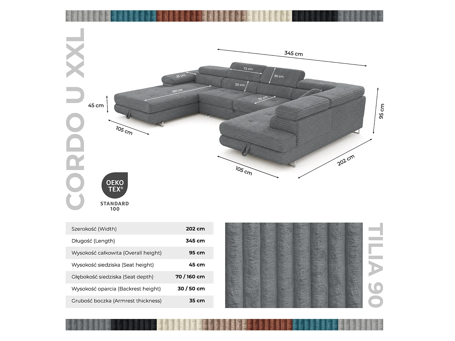 Wohnlandschaft mit Schlaffunktion und 2 Bettkästen grau 345 cm - Cordo U