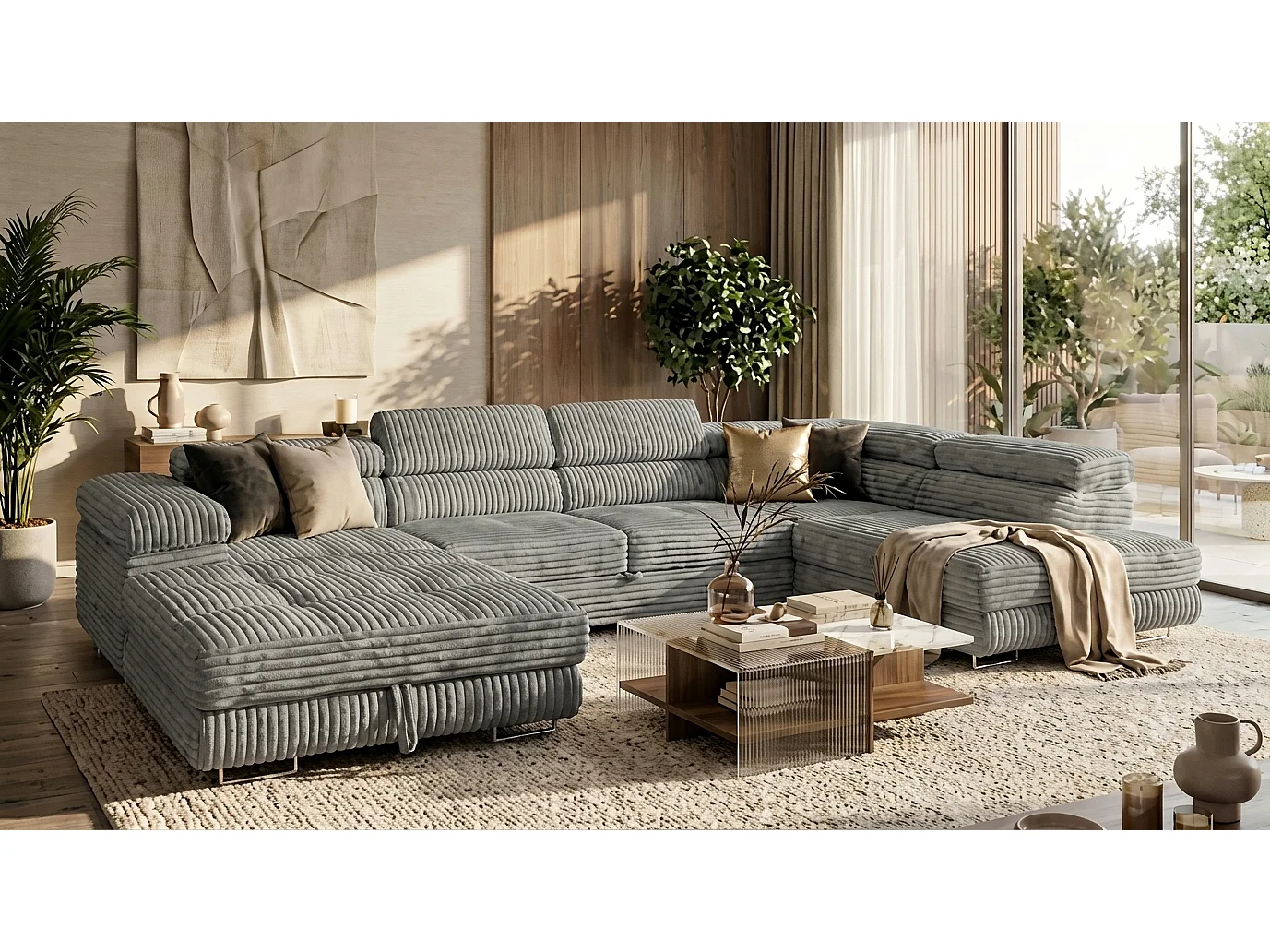 Wohnlandschaft mit Schlaffunktion und 2 Bettkästen grau 345 cm - Cordo U