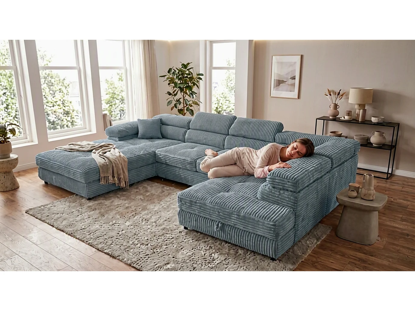 Wohnlandschaft mit Schlaffunktion und 2 Bettkästen grau 345 cm - Cordo U