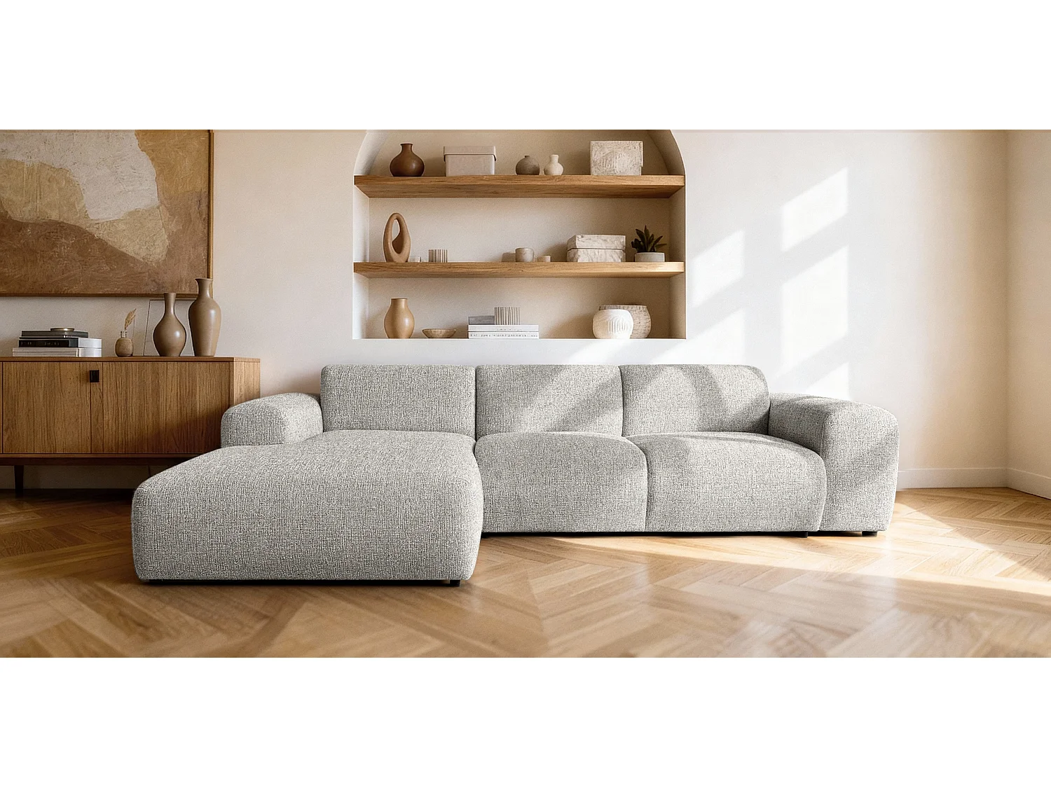 Canapé d'angle gauche en tissu bouclé gris clair 310 cm - GIN