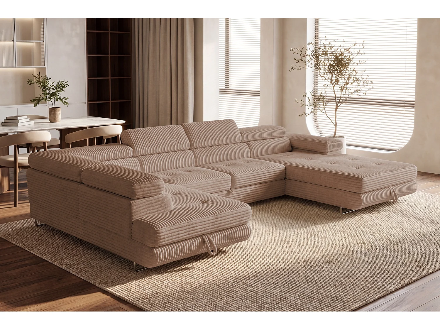 Wohnlandschaft mit Schlaffunktion und 2 Bettkästen beige 345 cm - Cordo U