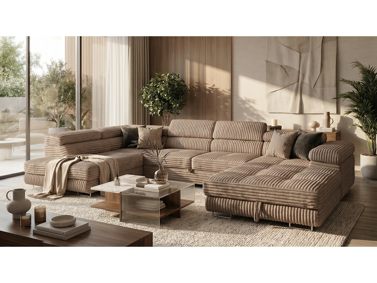Wohnlandschaft mit Schlaffunktion und 2 Bettkästen beige 345 cm - Cordo U