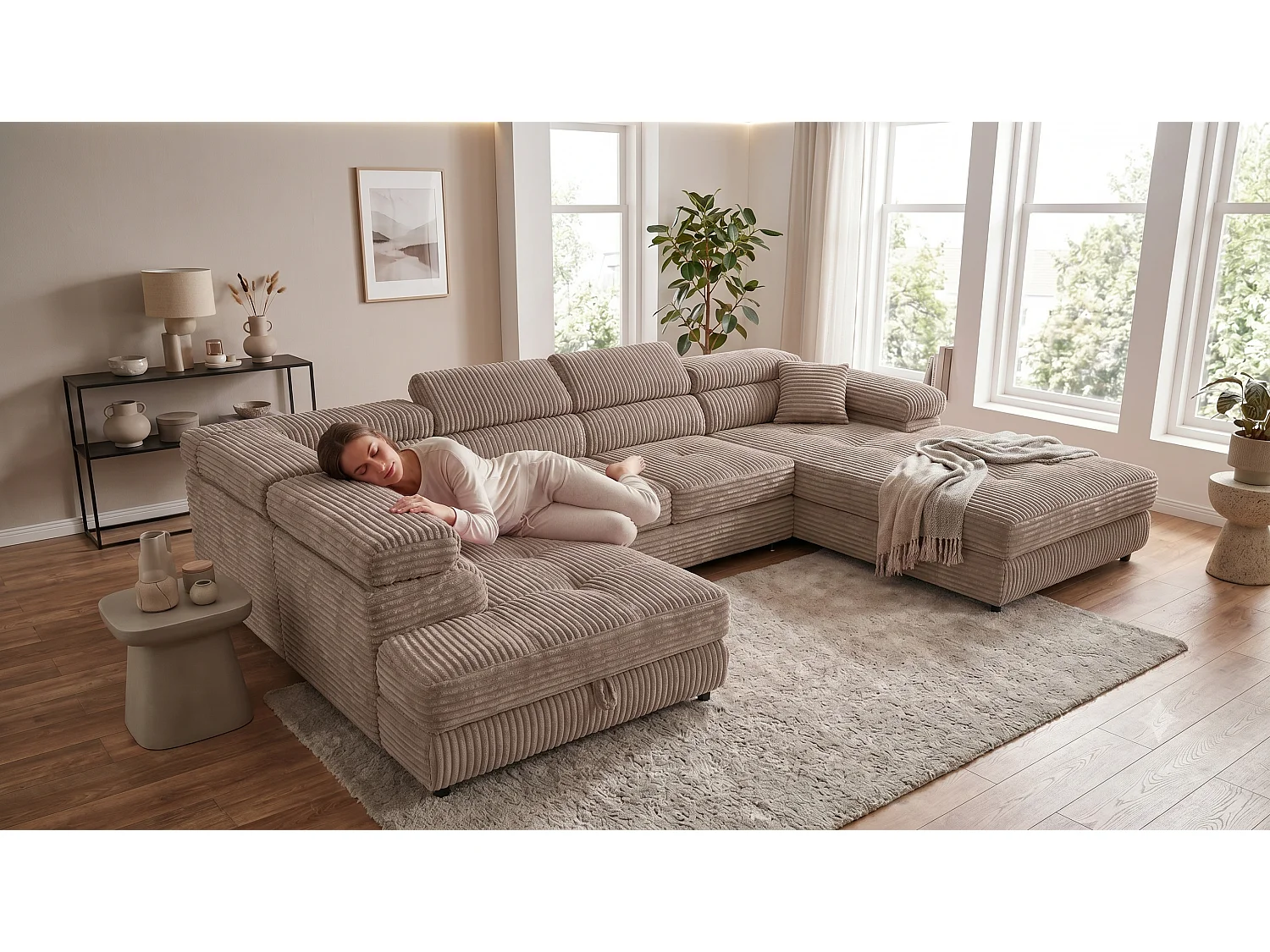 Wohnlandschaft mit Schlaffunktion und 2 Bettkästen beige 345 cm - Cordo U