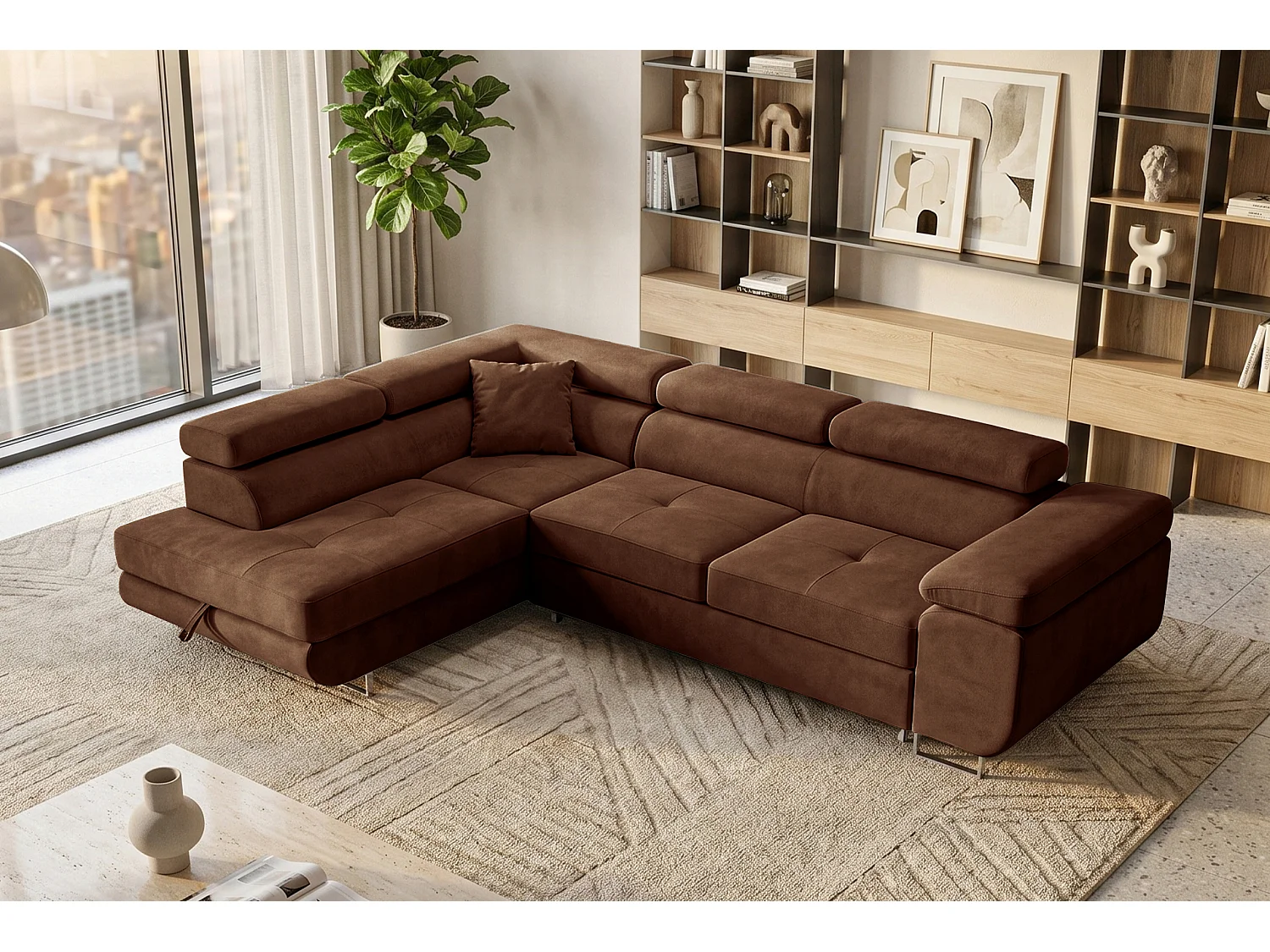 Ecksofa L-Form links mit Schlaffunktion dunkelbraun 272 cm - Luca