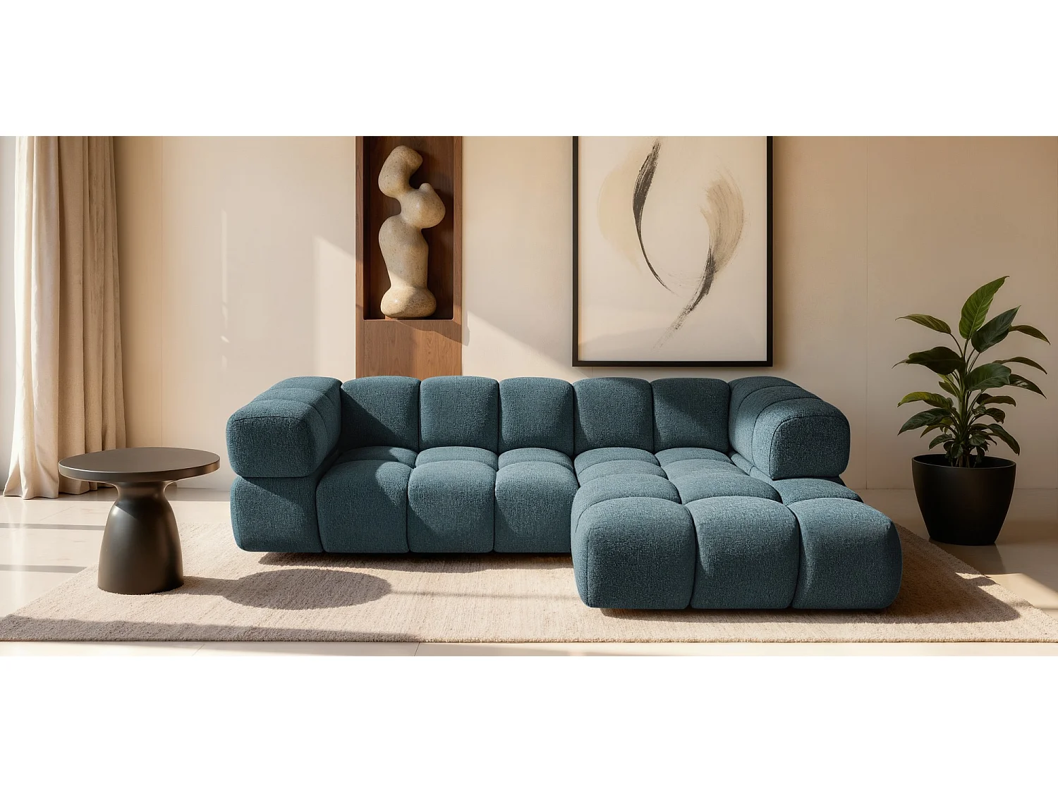 Canapé d'angle droit capitonné en tissu bouclé bleu canard 280 cm - AVERRO