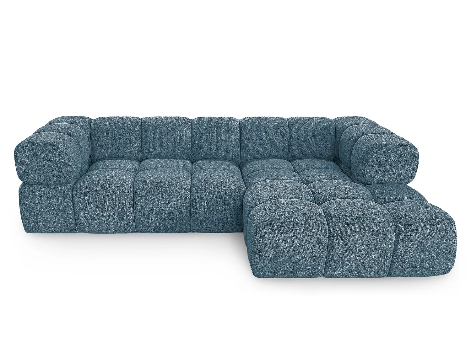 Canapé d'angle droit capitonné en tissu bouclé bleu canard 280 cm - AVERRO