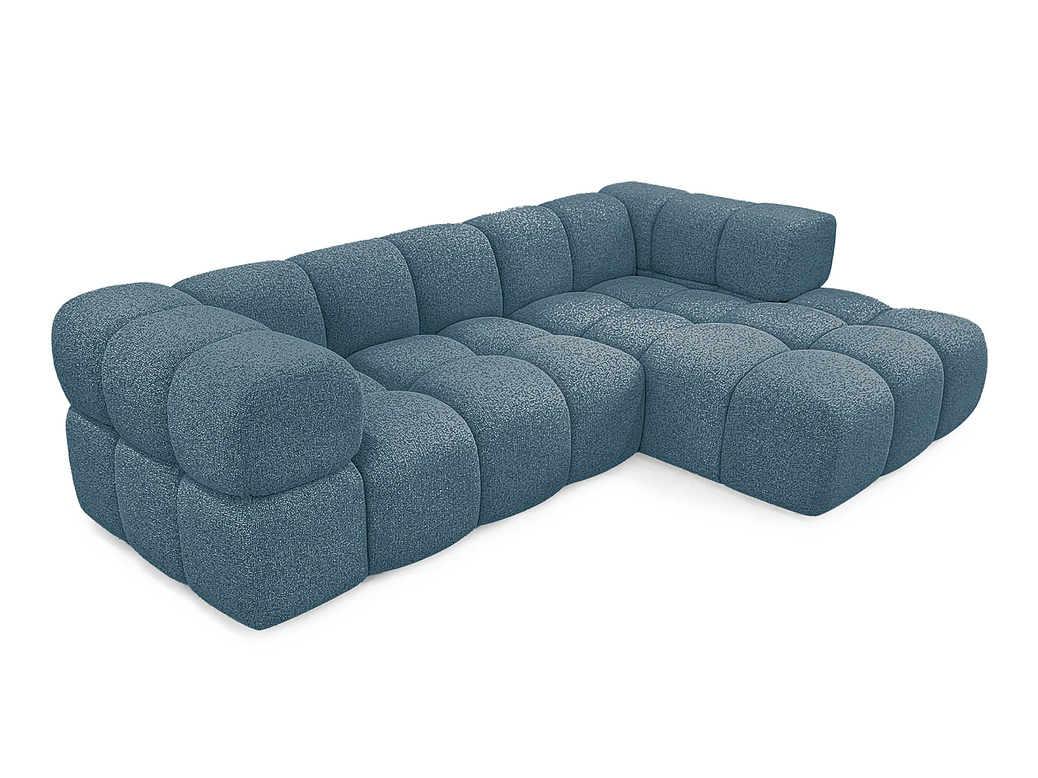 Canapé d'angle droit capitonné en tissu bouclé bleu canard 280 cm - AVERRO