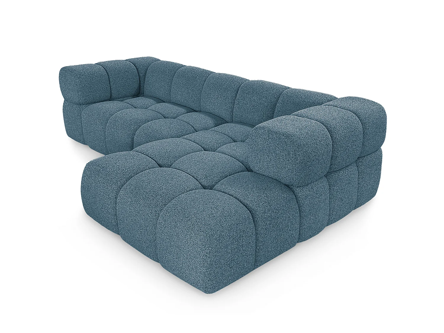 Canapé d'angle droit capitonné en tissu bouclé bleu canard 280 cm - AVERRO