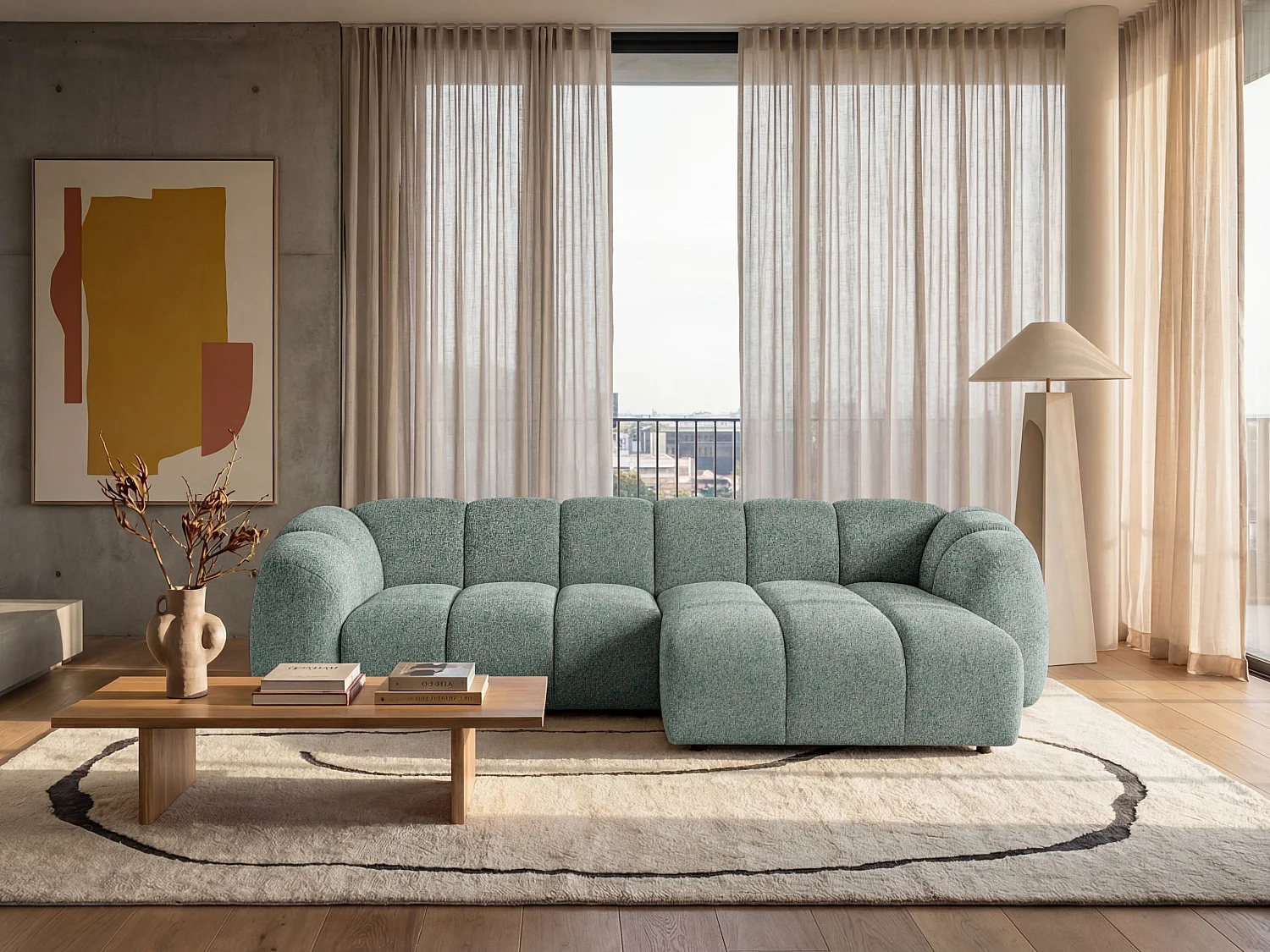 Canapé d'angle droit tissu bouclé vert amande 280 cm - Mali Design