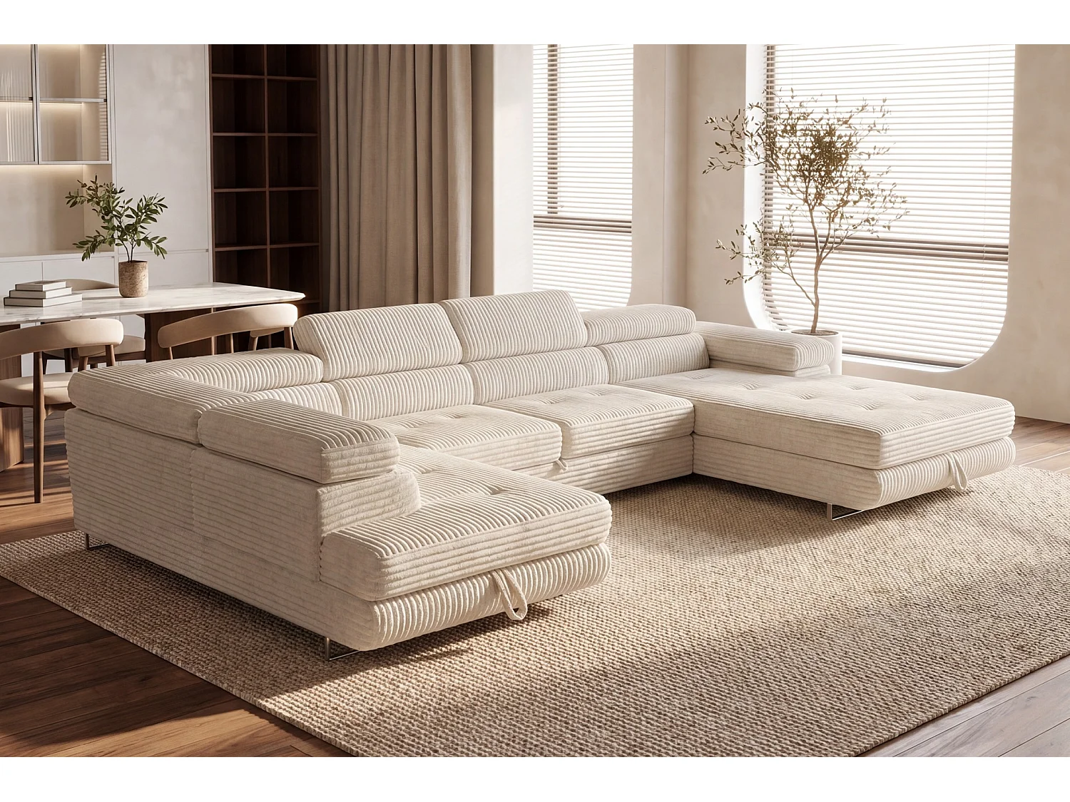 Wohnlandschaft mit Schlaffunktion und 2 Bettkästen cremeweiß 345 cm - Cordo U