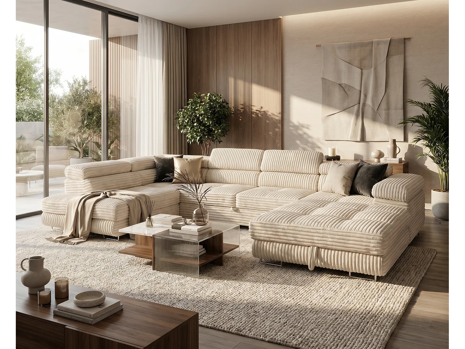 Wohnlandschaft mit Schlaffunktion und 2 Bettkästen cremeweiß 345 cm - Cordo U