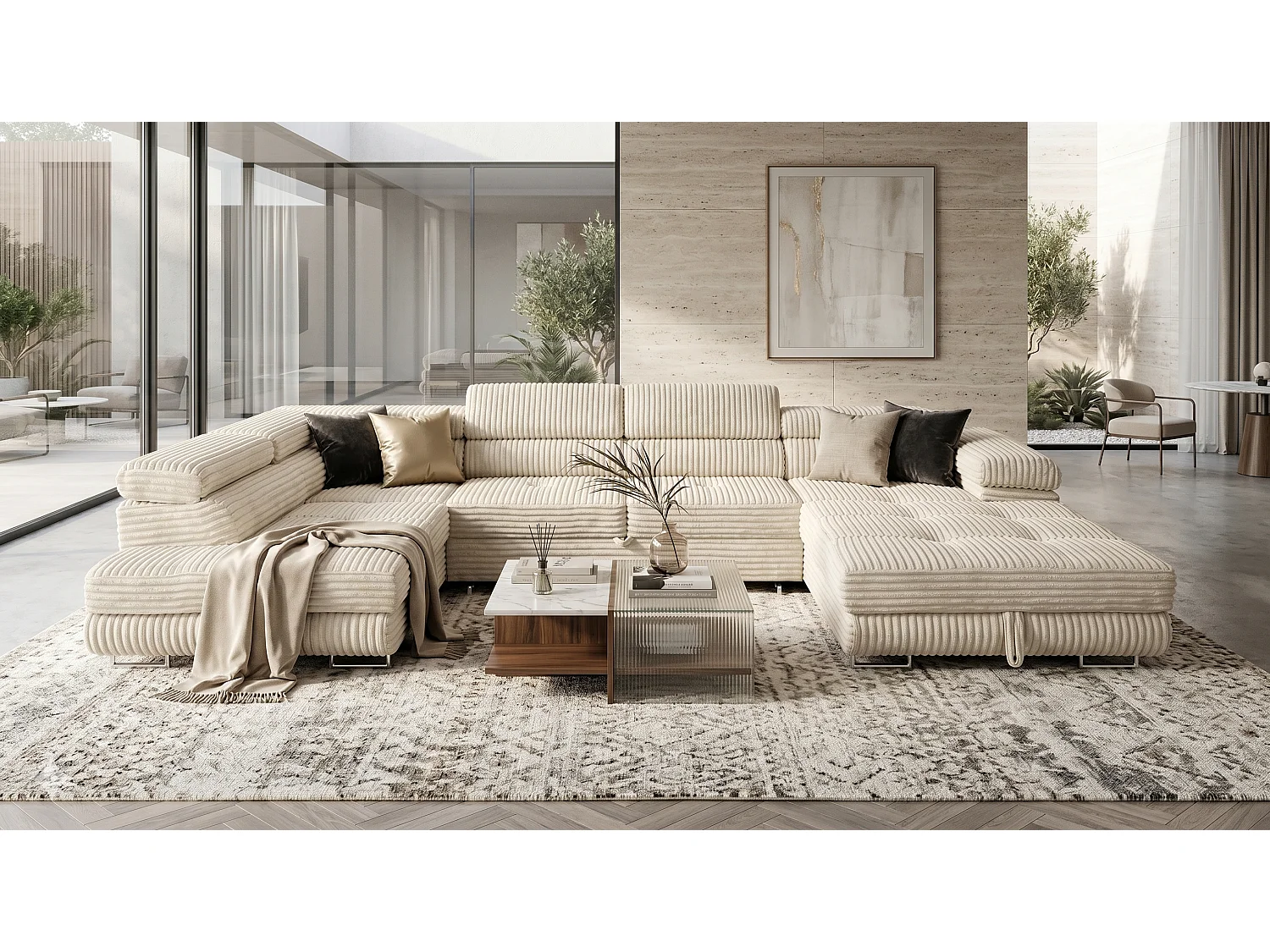 Wohnlandschaft mit Schlaffunktion und 2 Bettkästen cremeweiß 345 cm - Cordo U