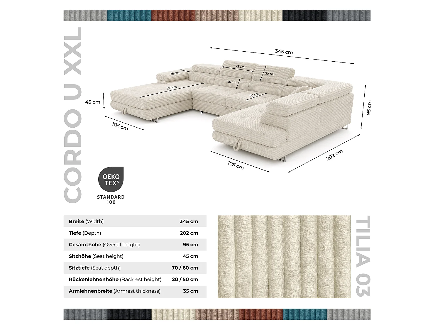 Wohnlandschaft mit Schlaffunktion und 2 Bettkästen cremeweiß 345 cm - Cordo U