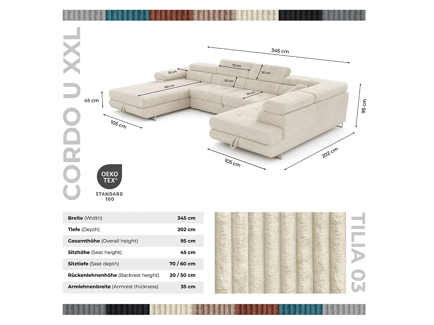 Canapé d'angle convertible 7 places avec coffre en tissu blanc CORDO
