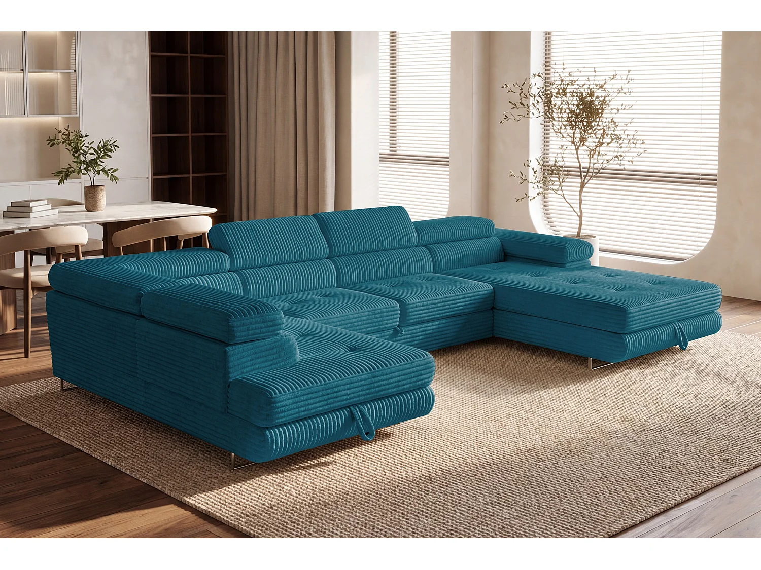 Wohnlandschaft mit Schlaffunktion und 2 Bettkästen türkis 345 cm - Cordo U