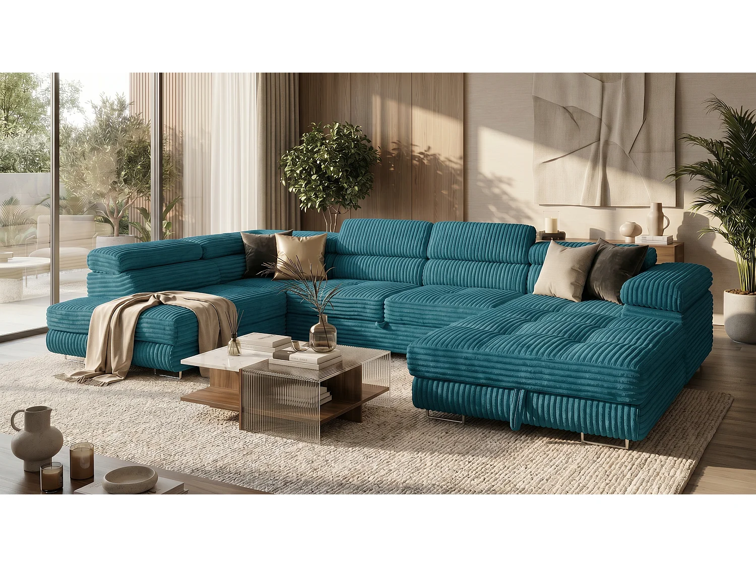 Wohnlandschaft mit Schlaffunktion und 2 Bettkästen türkis 345 cm - Cordo U