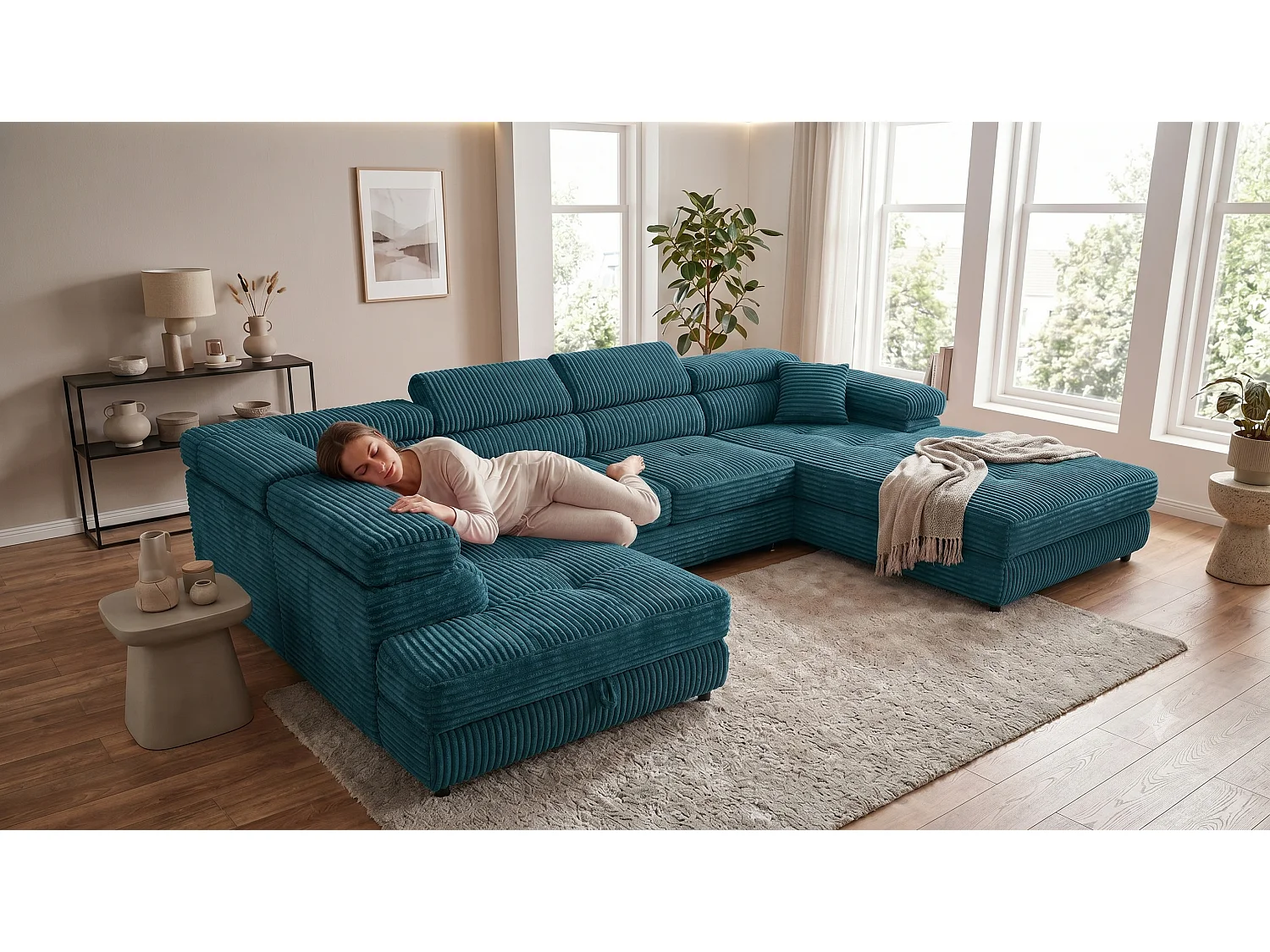 Wohnlandschaft mit Schlaffunktion und 2 Bettkästen türkis 345 cm - Cordo U