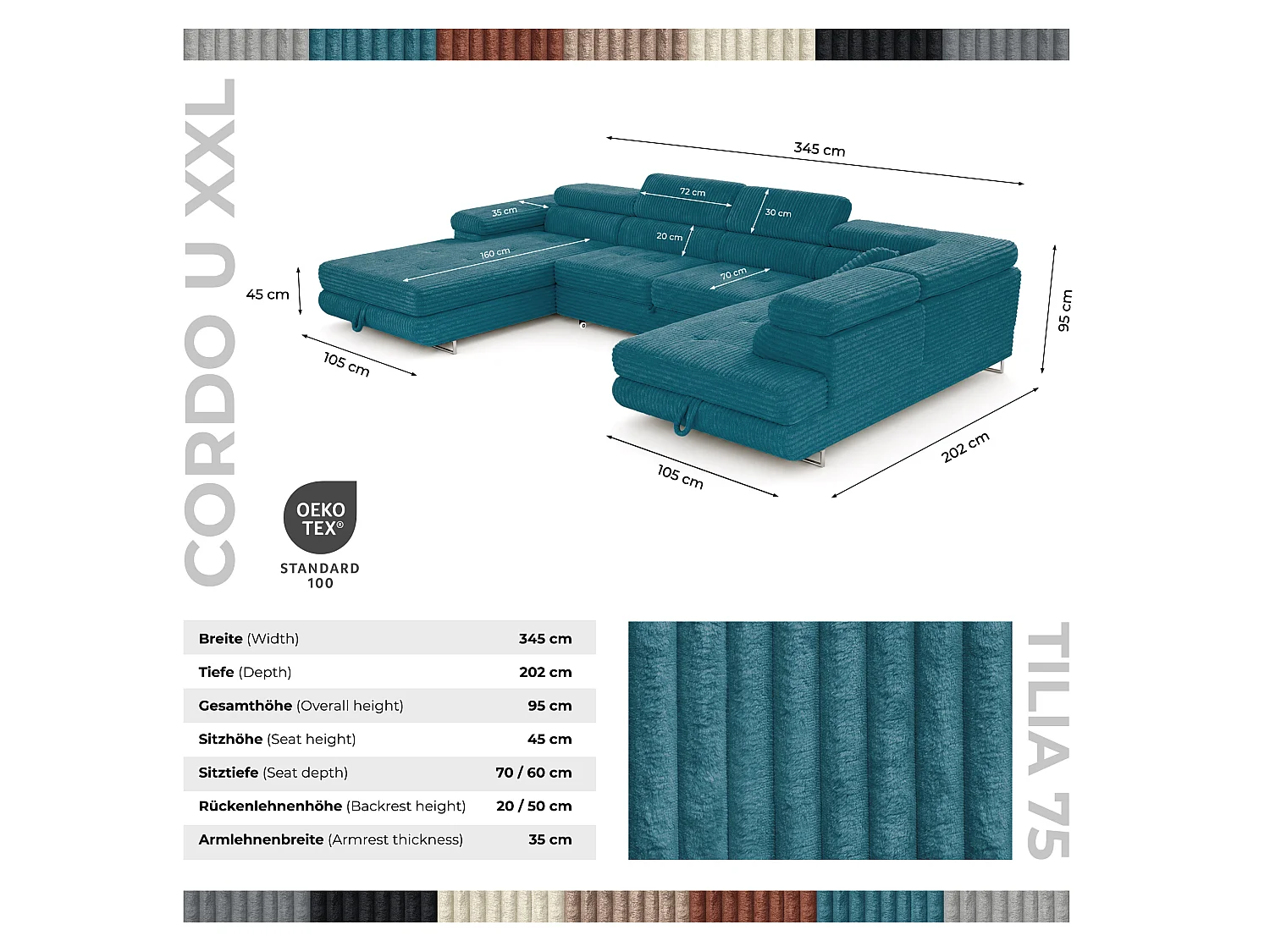 Wohnlandschaft mit Schlaffunktion und 2 Bettkästen türkis 345 cm - Cordo U