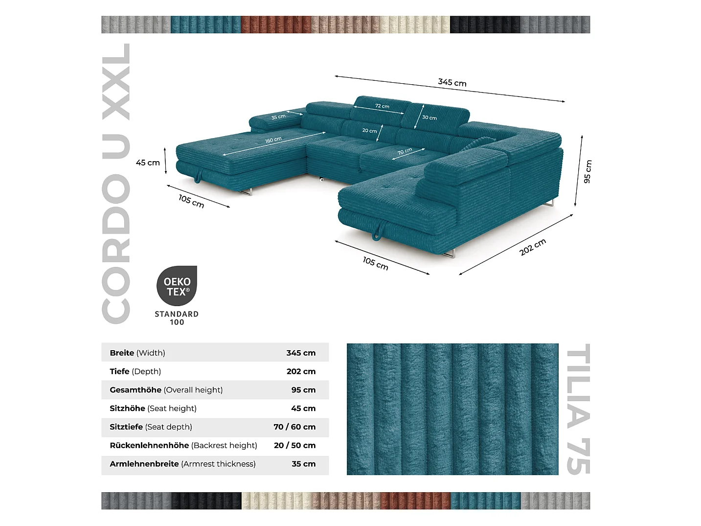 Canapé d'angle 7 places avec coffre en tissu turquoise CORDO