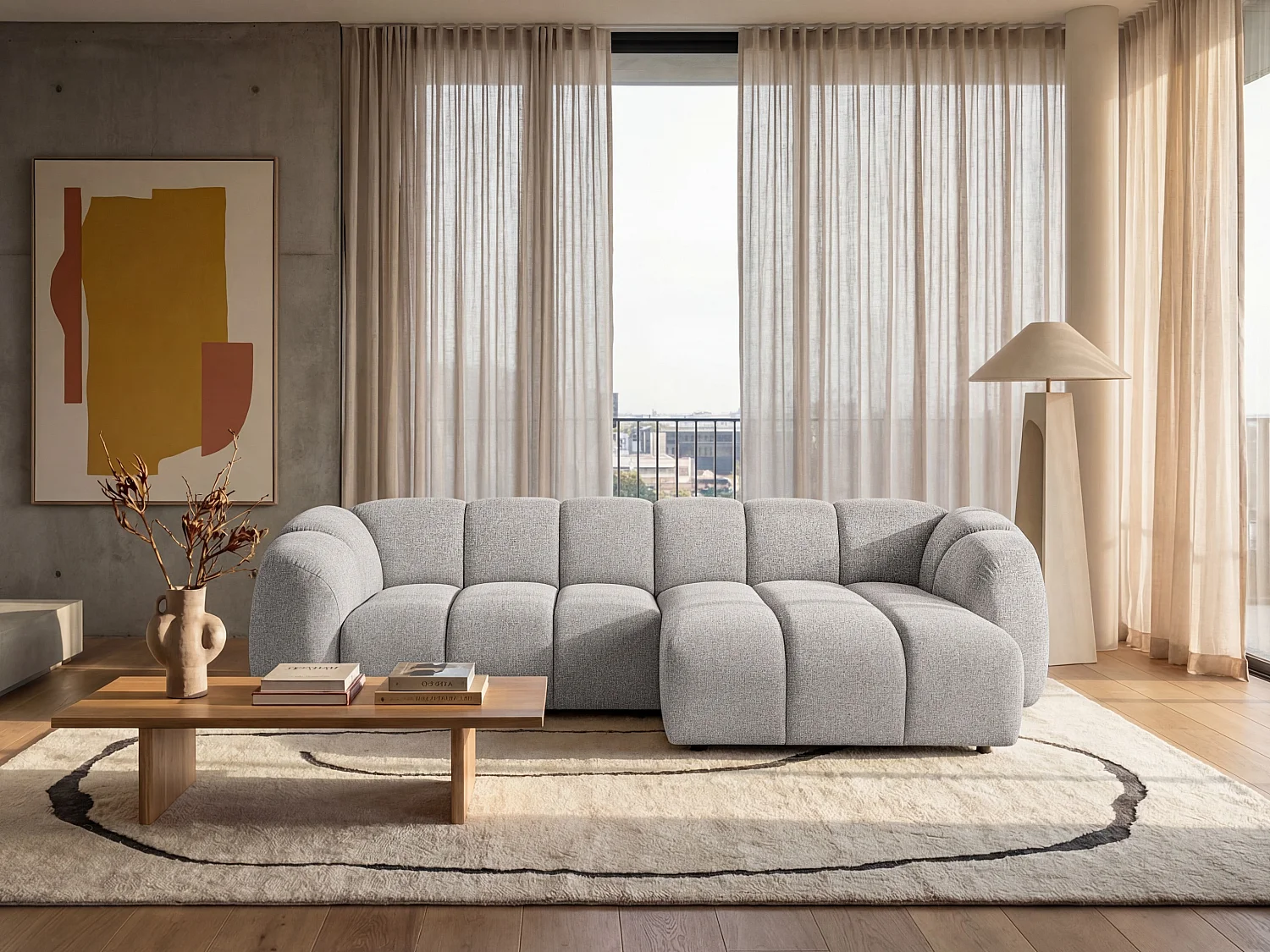 Canapé d'angle droit tissu bouclé beige 280 cm - Mali Design